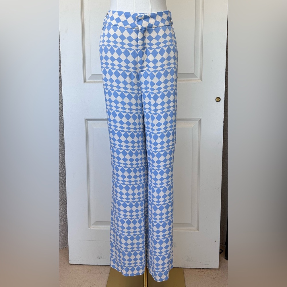 Zara New Satin Geometric Print Flare Leg Sky Blue/Ecru Size Small